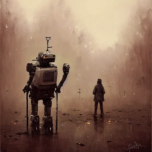 Image similar to an epic painting of a creepy robot by jakub rozalski