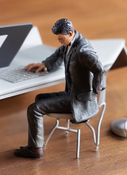 Image similar to 80mm resin detailed miniature of man sitting at his computer, angry, Product Introduction Photos, 4K, Full body,