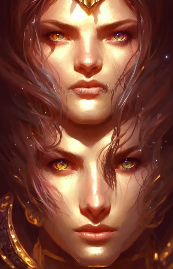 Prompt: Paladin face close-up macro in center, fantasy magic, undercut hairstyle, dark light night, intricate, elegant, sharp focus, illustration, highly detailed, digital painting, concept art, matte, art by WLOP and Artgerm and Greg Rutkowski and Alphonse Mucha, masterpiece