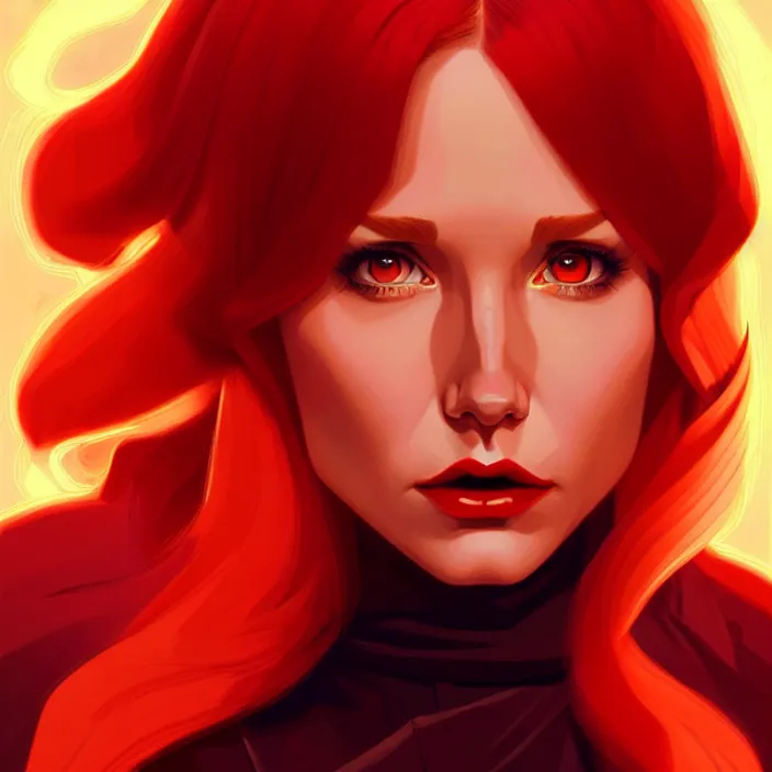 Prompt: style artgerm, joshua middleton, diego fazio, beautiful kristen bell with dark red dress, very long orange hair, symmetrical face, symmetrical eyes, fire powers fire swirling, detailed, volcano setting, cinematic lighting