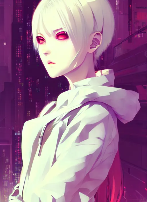 Image similar to portrait Anime girl cyberpunk, cute-fine-face, white-hair pretty face, realistic shaded Perfect face, fine details. Anime, cyberpunk. realistic shaded lighting by Ilya Kuvshinov and Gustav Klimt