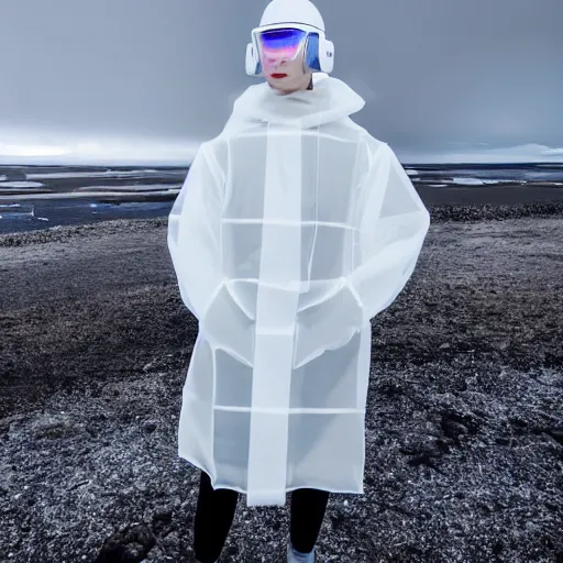 Image similar to an ultra high definition professional studio quality photograph of an artificially intelligent cyberpunk art influencer wearing a transparent iridescent pastel coloured face visor and matching bubbly puffy raincoat on white coat hook in a sheer icelandic black rock environment. dramatic lighting. volumetric shadows. light rays