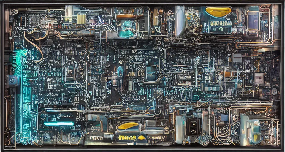 Prompt: product photography framing. digitally painted render of a small square fantasy vacuum - tube motherboard made and powered by crystalline circuitry. trending on artstation. artificer's lab bg. premium print by angus mckie and james gurney. beryllium materials