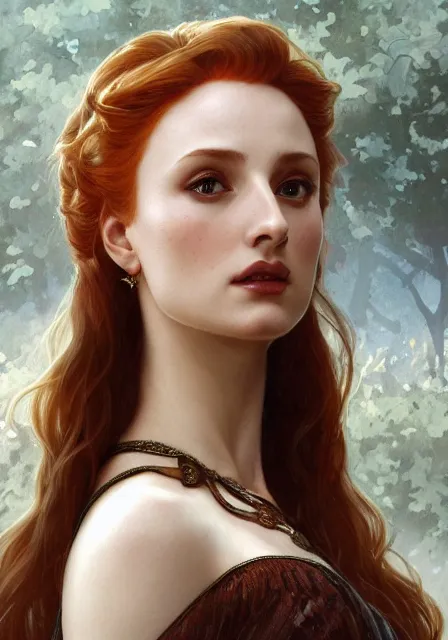 Image similar to sansa gessica chastain, intricate, elegant, highly detailed, digital painting, artstation, concept art, smooth, sharp focus, illustration, art by artgerm and greg rutkowski and alphonse mucha and william - adolphe bouguereau