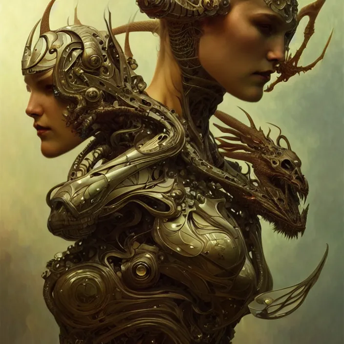 Image similar to organic cyborg, dragon, diffuse lighting, fantasy, intricate, elegant, highly detailed, lifelike, photorealistic, digital painting, artstation, illustration, concept art, smooth, sharp focus, art by John Collier and Albert Aublet and Krenz Cushart and Artem Demura and Alphonse Mucha