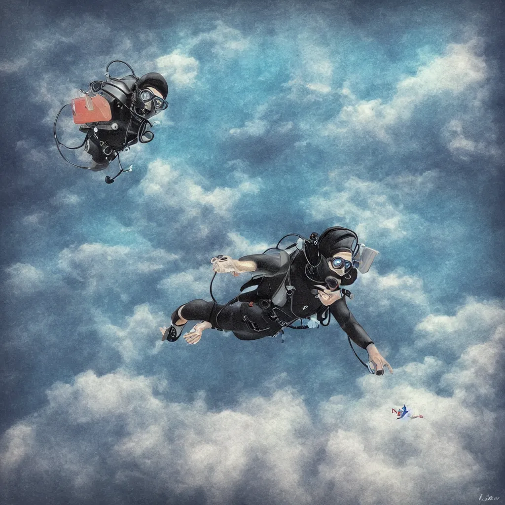 Image similar to a single scubadiver floating above the clouds, closeup, digital drawing