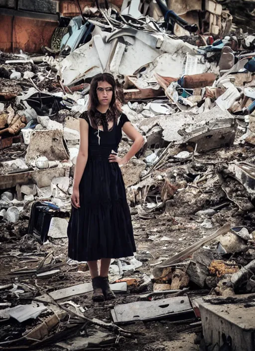 Prompt: award winning photograph miof a dressed young woman amongst rubble, sad face, dirt, dreamlike, low contrast, beatiful composition, 4k