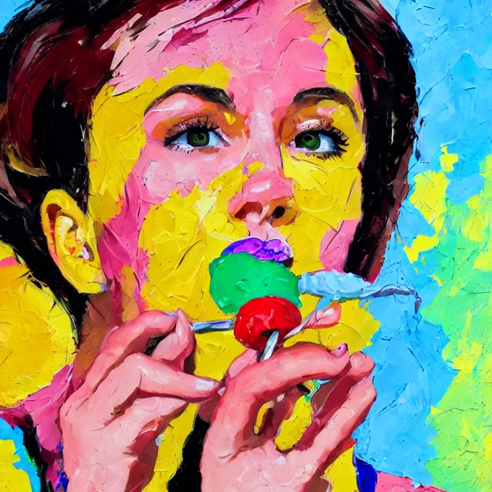 Image similar to portrait of beautiful woman licking a lollipop painted with colorful gouache impasto