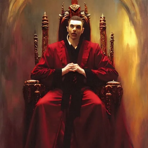 Image similar to perfectly centered portrait of attractive vampire king dracula in a robe sitting on a throne of bones, highly detailed painting by gaston bussiere, craig mullins, j. c. leyendecker, 8 k