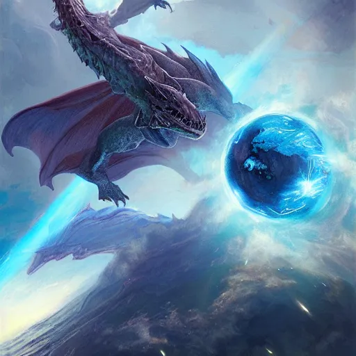 Prompt: Gigantic blue scaled dragon devouring an earth like planet while flying in space, sun system, nebula, oil painting, by Fernanda Suarez and Edgar Maxence and Greg Rutkowski