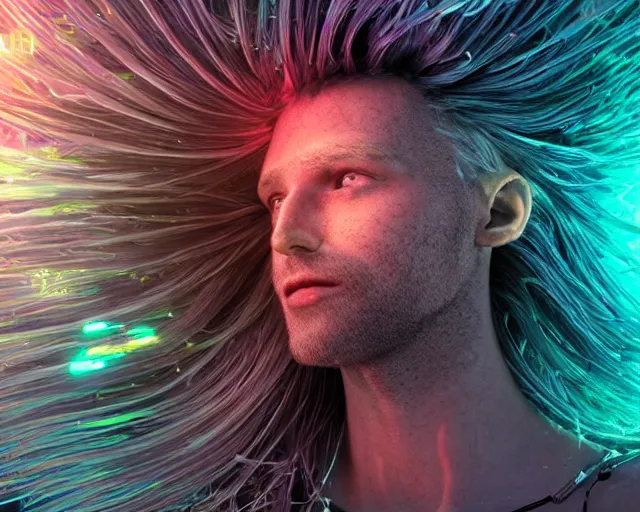 Image similar to glowing hair, complex cybernetic beings, beautiful hairy humanoids, cybermagnetosphere, cybernetic civilizations, ornate hair, love, joy, vortexes, large arrays, data holograms, 8 k, cinematic light shadows, wet hdr refractions, *, * * *, * * * * *