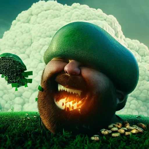 Prompt: highly detailed octane render of a short ugly fat man with a giant beard laughing at a green mushroom cloud surrounded by dead insects in a cave