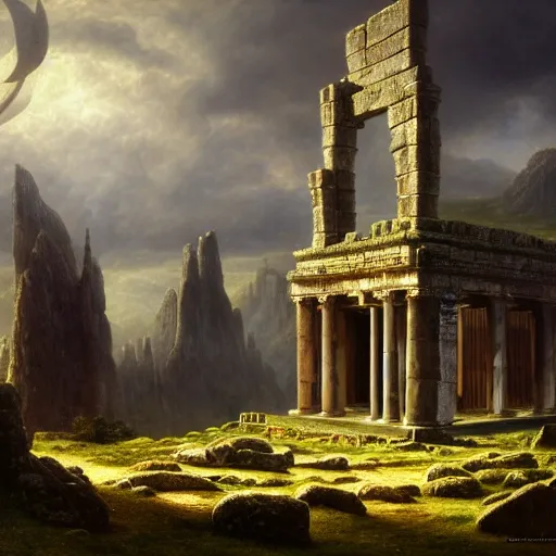 Prompt: a beautiful and highly detailed matte painting of a celtic temple, epic scale, insanely complex, hyperdetailed, sharp focus, hyperrealism, artstation, cgsociety, 8 k, by caspar friedrich, albert bierstadt, james gurney, brian froud,