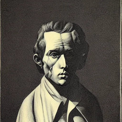 Image similar to lithography on paper conceptual figurative post - morden monumental portrait by goya and escher, illusion surreal art, highly conceptual figurative art, intricate detailed illustration, controversial poster art, polish poster art, geometrical drawings, no blur