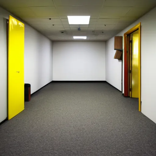 Image similar to Liminal space with a clown, the backrooms, office/thrift store/social hall, carpet, abandoned, poor fluorescent lighting, yellow tint, security camera footage, low resolution