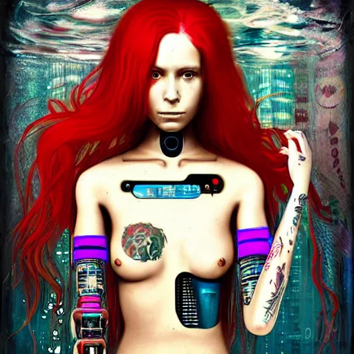 Prompt: portrait of a robot girl with long red hair and a tattoo in the style of the game cyberpunk 2 0 7 7, under water, very beautiful enga style, the girl is wrapped in color, photorealism albrecht durer george copeland ault