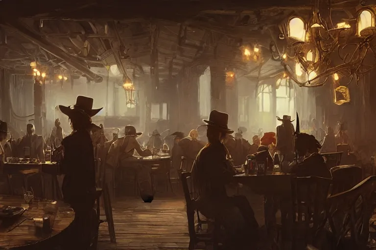 Prompt: 1800s saloon interior, dramatic lighting, cowboys drinking, concept art, greg rutkowski, artstation