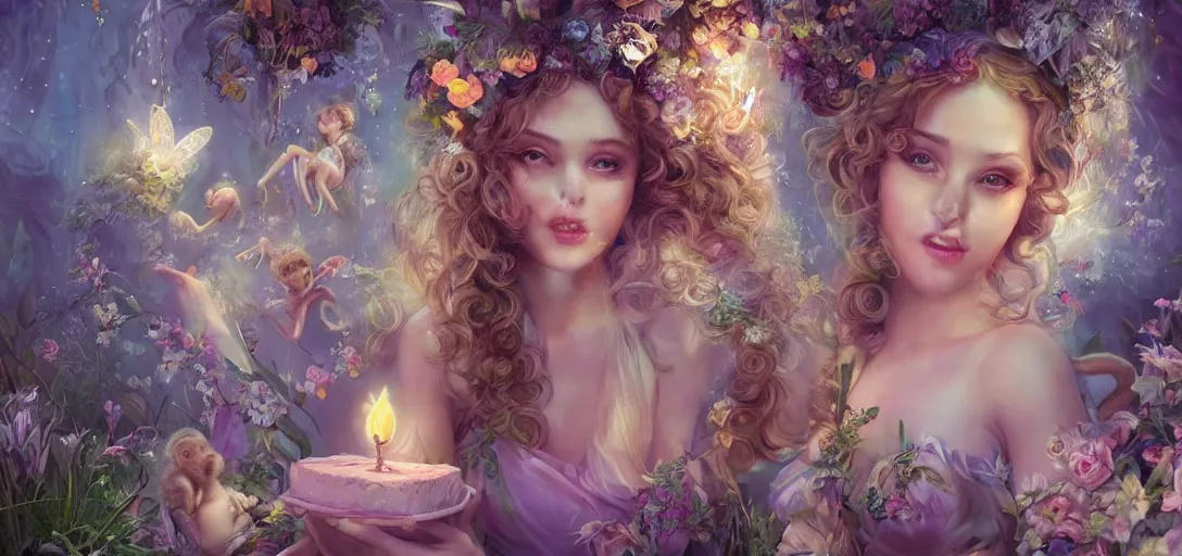 Prompt: beautiful fairy, perfect face and body, with curls, at her birthday party in a magic garden, around monkeys, diamonds and scissors, details, smooth, sharp focus, illustration, realistic, cinematic, artstation, gold, ornate, award winning, original modern artwork, rgb ethereal lighting, 8k