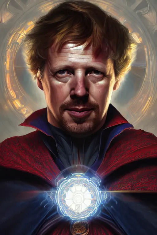 Image similar to Boris Johnson as Doctor Strange, armor plate, realistic portrait, symmetrical, highly detailed, digital painting, artstation, concept art, smooth, sharp focus, illustration, cinematic lighting, art by artgerm and greg rutkowski and alphonse mucha