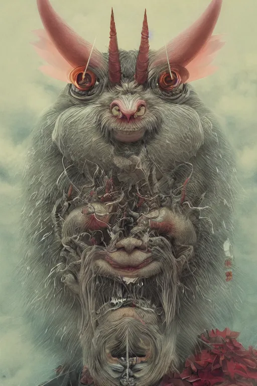 Image similar to a portrait of a japanese devil animal illustrated by miyazaki by karol bak, james jean, tom bagshaw, rococo, sharp focus, trending on artstation, cinematic lighting, hyper realism, octane render, 8 k, hyper detailed, vivid, ultra detailed, highly detailed