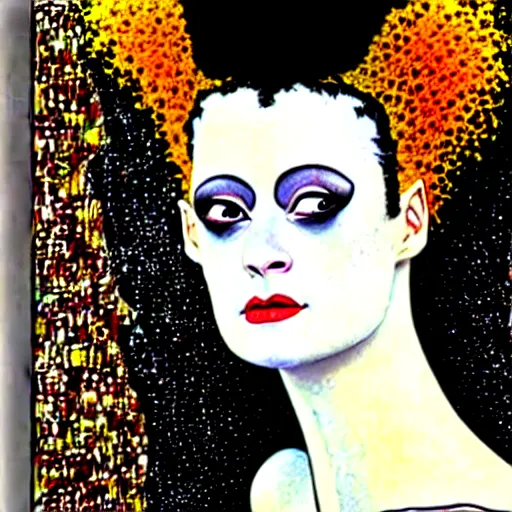 Prompt: bride of frankenstein influenced by gustav klimt.