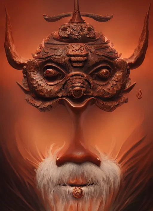 Image similar to a beautiful detailed oil on copper art illustration of a japanese tengu mask with big nose woman, centered, by charlie bowater, zeng fanzh, trending on artstation, dim dusk lighting, cinematic lighting, detailed lighting, volumetric lighting, realistic, f 8, 4 k hd wallpaper