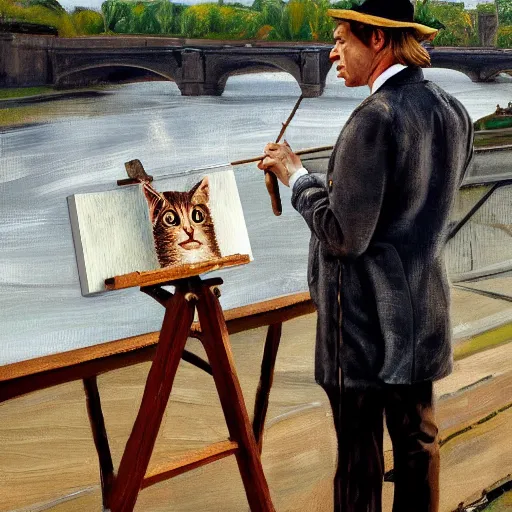 Prompt: high quality high detail painting by lucian freud, ewan mcgregor is standing by the river seine on a bridge in the morning. he is wearing a gentleman ´ s outfit with a bowler hat. next to him at his feet is lying a brown cat. ewan mcgregor is painting a canvas that is put on an easel. morning light, 4 k