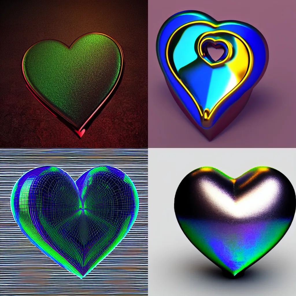 Prompt: an icon of a metallic heart made of metallic iridescent material, 3D render, isometric perspective, dark background