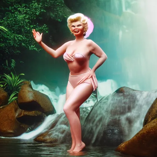 Prompt: a very beautiful sundance award winning image of jayne mansfield blowing a kiss under a tropical waterfall, full body, pale pink bikini, pink lipstick, detailed face, cinematic lightning, golden hour, medium shot, alexa mini, cryengine, raytracing, 4 k, cinematic wallpaper by gil elvgren, robert maguire, rudolf belarski