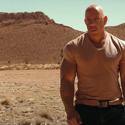 Prompt: Vin Diesel as Walter White, 1986 Fleetwood Bounder RV in the desert background, realistic, cinematic, high detail