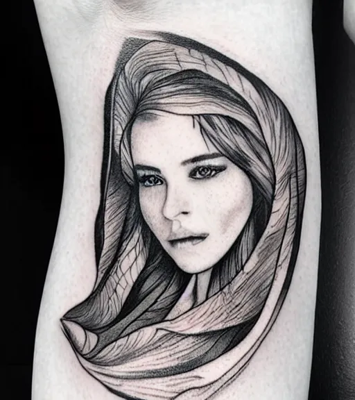 Image similar to tattoo design sketch of an extremely beautiful woman face with a faded background of stunning mountain view on her side, hyper - realistic, in the style of matteo pasqualin, amazing detail, black and white, faded