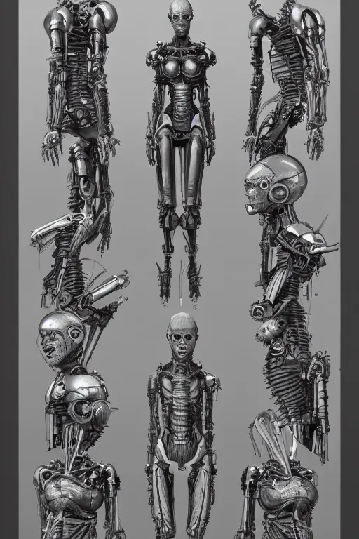 Image similar to cyborg lady with gunmetal grey skin, medical anatomy, very symmetrical face, highly detailed, mecha, three - perspective / three - view reference sheet ( front / back / side ), in the style of james gurney, dan ouellette, hr giger, sil from species, dren from splice, biomechanical, artstation, unreal engine