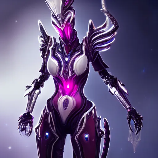 Image similar to highly detailed exquisite fanart, of a beautiful female warframe, but as an anthropomorphic robot female dragon, glowing eyes, off-white plated armor, bright Fuchsia skin, sharp claws, royal elegant pose, close full body and head shot, epic cinematic shot, realistic, professional digital art, high end digital art, sci fi, DeviantArt, artstation, Furaffinity, 8k HD render, epic lighting, depth of field