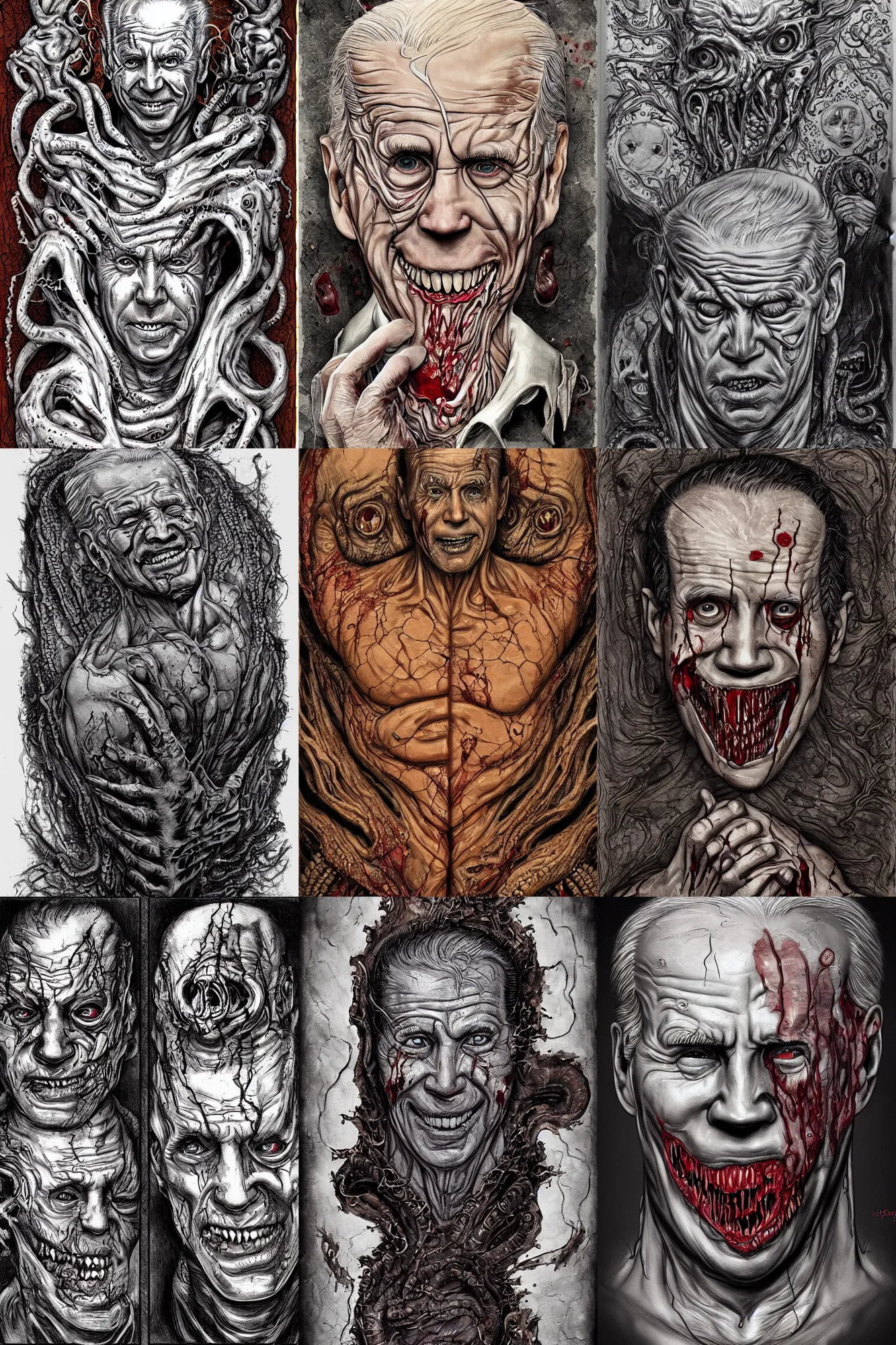 Prompt: grotesque photorealistic horror lovecraftian bound human skin necronimicon with joe biden's ripped face sewed onto the cover, ancient, tome, bloody + concept art, intricate writing, artstation, junji ito