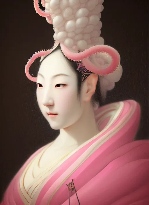 Prompt: stunning japanese godess princess, detailed pink and white of tentacles head peace against a black backdrop by ivan aivazovsky, 3 / 4 view portrait, wlop, super sharp details, photorealism, canon 5 d, 5 0 mm lens, stunning photoshot, beautiful soft lighting, muted colours, artstation