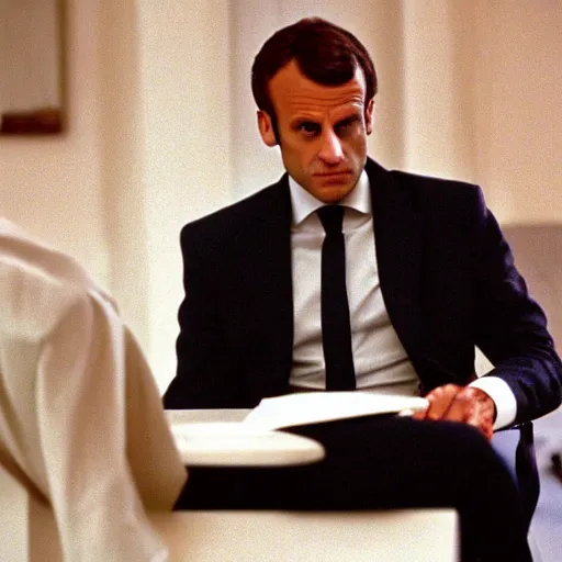 Prompt: Emmanuel Macron wearing François 1er costume in American Psycho (1999)