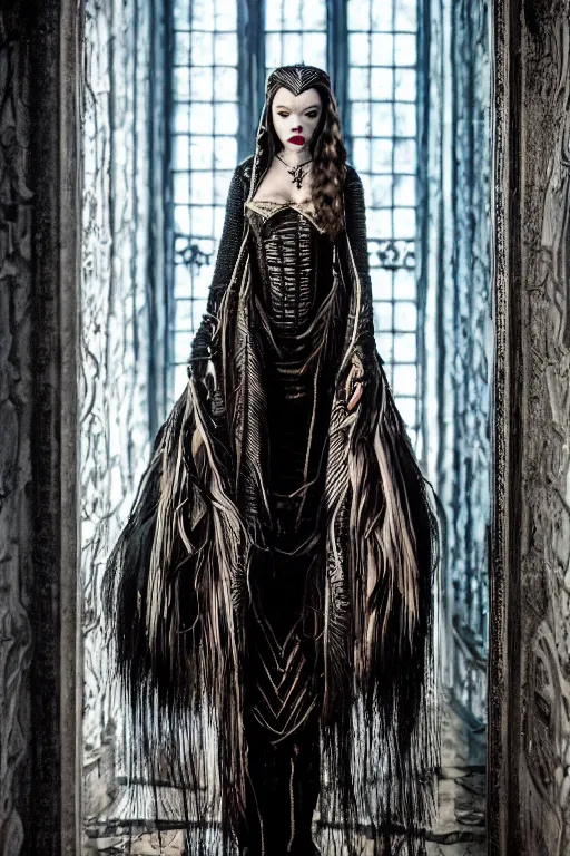 Prompt: dressed anya taylor - joy as senobith, symmetrical, cinematic, elegant, dark, real photography, costume made by clive barker, 4 k, ultra hd, sense of awe