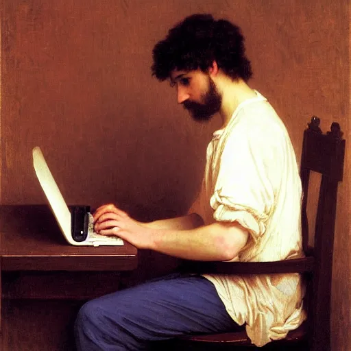 Image similar to an oil painting of an man playing a laptop, by Bouguereau, highly detailed and intricate,