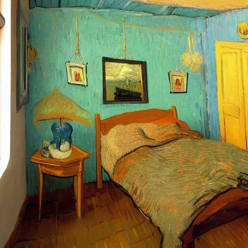 Image similar to a cozy bedroom interior with wall murals painted by van gogh, detailed, high resolution, wow!, intricate