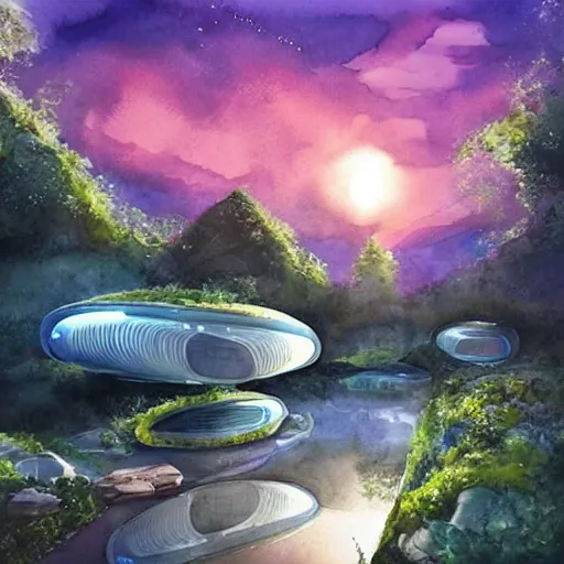 Image similar to beautiful happy picturesque charming sci - fi organic pod - like homes of the future consisting of modules in a beautiful natural scene. water, trees and rocks. beautiful light. soft colour scheme. beautiful artistic detailed watercolor by lurid. ( 2 0 2 2 )