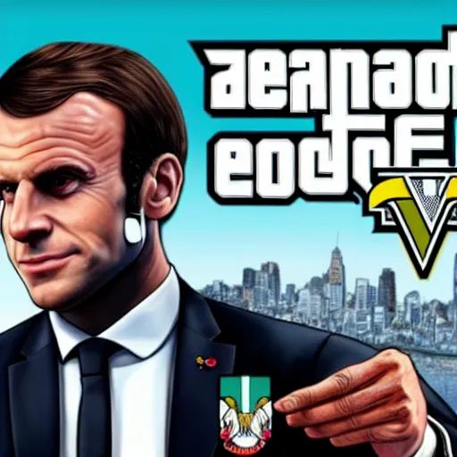 Prompt: Emmanuel Macron on GTA V cover art