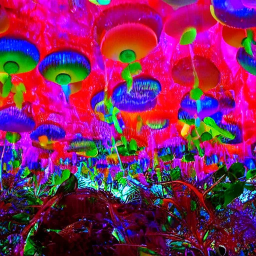 Image similar to jello Mushrooms covering the inside of prismatic jungle, fairy dust in the air