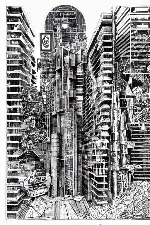 Image similar to a black and white drawing of a science fiction building, cityscape, a detailed mixed media collage by hiroki tsukuda and eduardo paolozzi and moebius, intricate linework, sketchbook psychedelic doodle comic drawing, geometric, street art, polycount, deconstructivism, matte drawing, academic art, constructivism