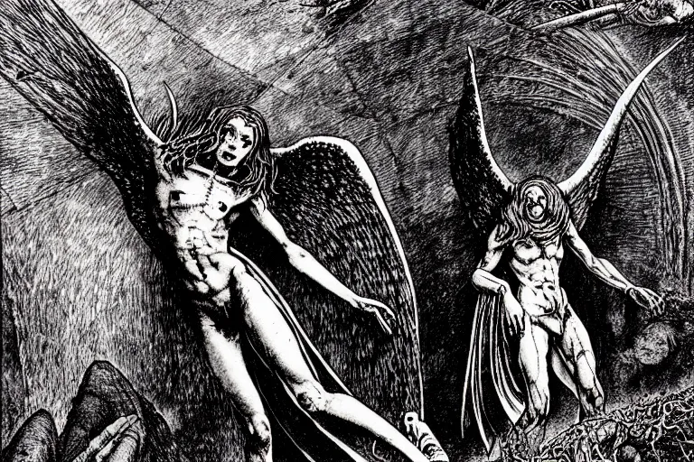 Image similar to 3 5 mm photo of a fallen angel begs to enter the gates of hell by philippe druillet and gustave dore and les edwards and much a and moebius and hieronymus bosch