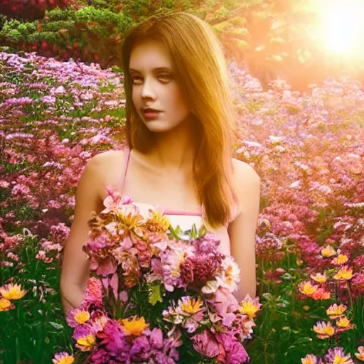 Image similar to beautiful woman built with flowers in a scenery that evokes reverie and sunset.