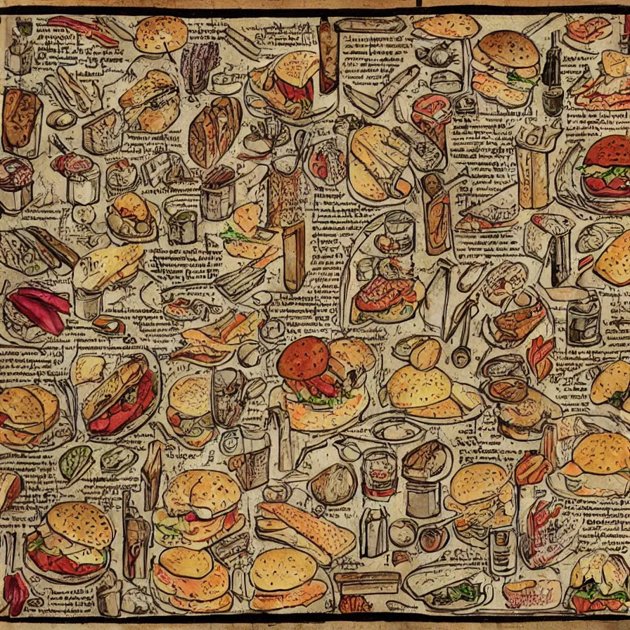 Image similar to ( ( ( ( illustrated recipe for a bigmac hamburger ) ) ) ) lot of medieval enluminures in the background explaining the recipe, schematic in a notebook