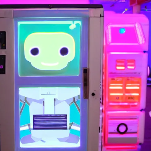 Prompt: friendly sentient robot vending machine smiling with a face of pastel led lights, made of cheap materials, selling cheap junk food in a city comprised of light matter, set in the distant future, plants, light prisms, rainbow diffraction, steampunk, cyberpunk, robots, warm lights, anime, vhs distortion, art style mimics starlight brigade by game grumps