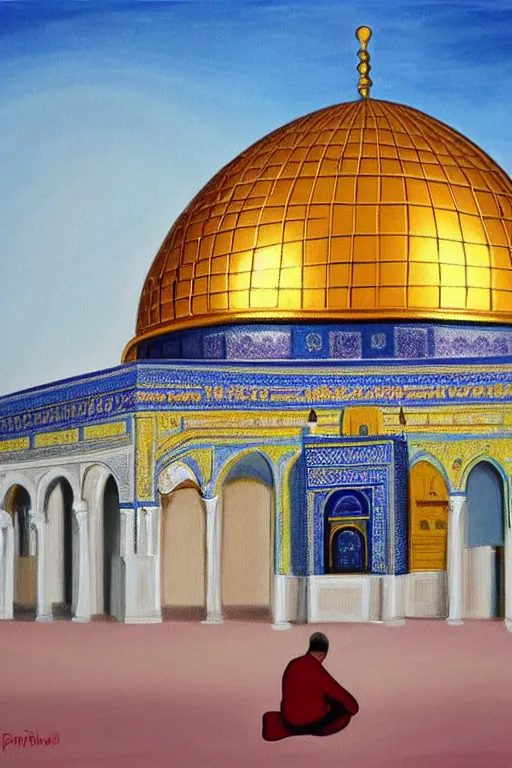 Prompt: a beautiful painting of dome of the rock jerusalem and f a muslim is praying in front of it, trending on artstation