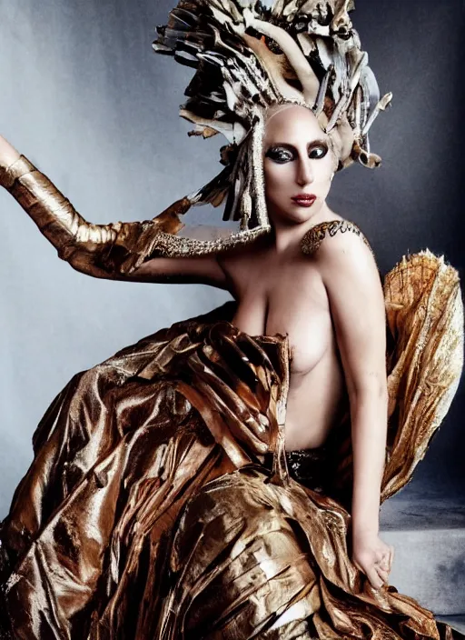 Image similar to lady gaga in an ancient themed photoshoot, nick knight, annie leibovitz, posing, style, vogue magazine, highly realistic. high resolution. highly detailed. dramatic. 8 k. 4 k.