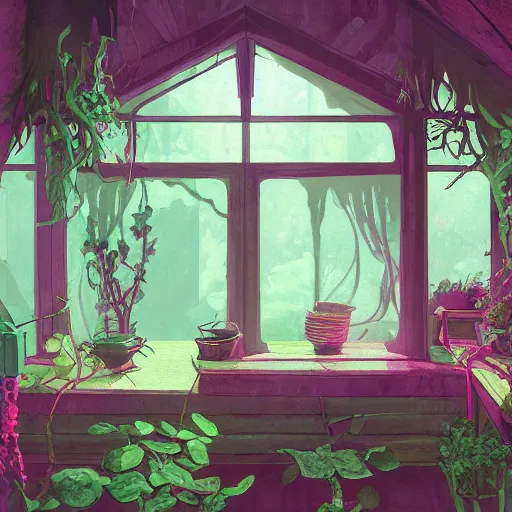 Prompt: concept art painting of a interior of a cozy alien fantasy cottage, with black vines and magenta houseplants, realistic, detailed, cel shaded, dark, in the style of makoto shinkai and greg rutkowski and james gurney